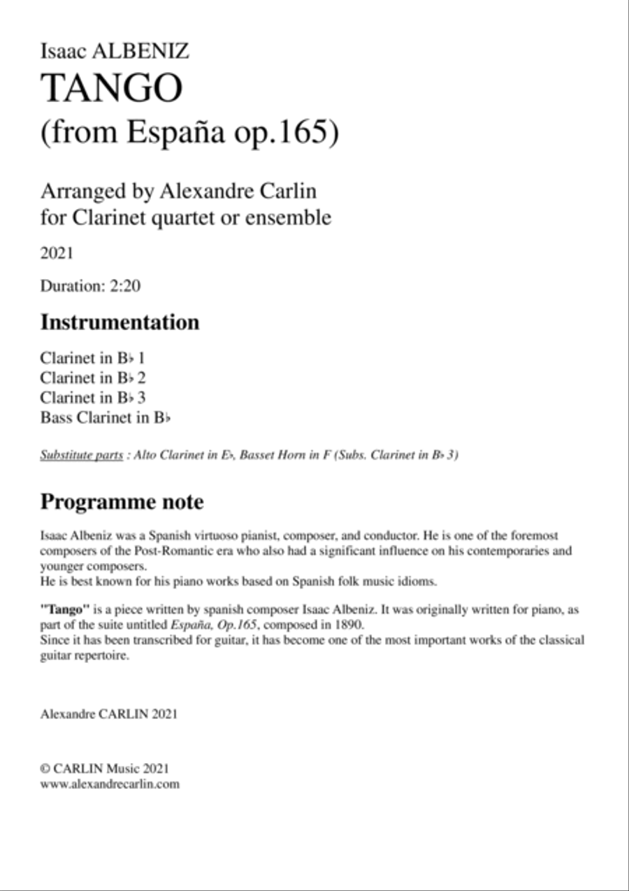 Tango by Albeniz - Arranged for Clarinet Quartet or Ensemble Clarinet Quartet scores gallery preview page 3