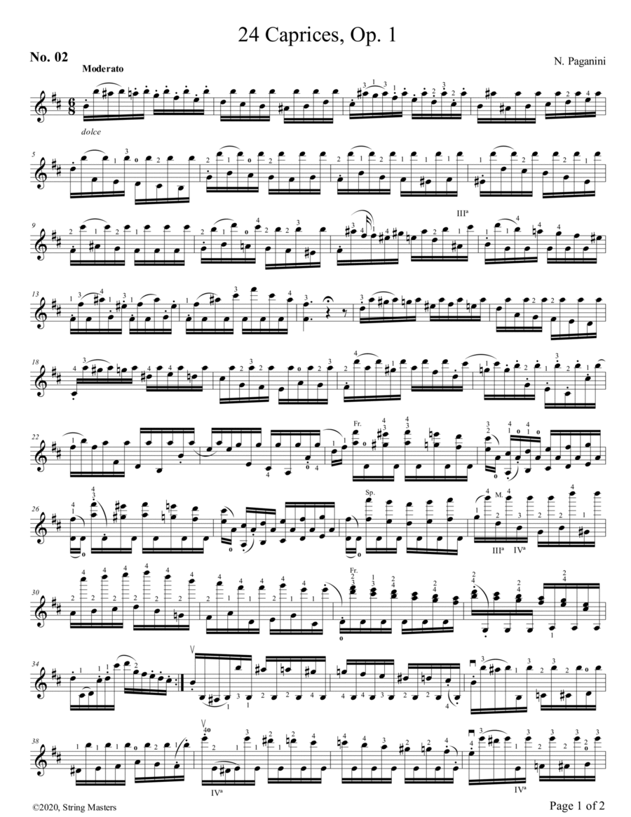 Paganini 24 caprices for Violin, No. 02 Violin Solo scores gallery preview page 1