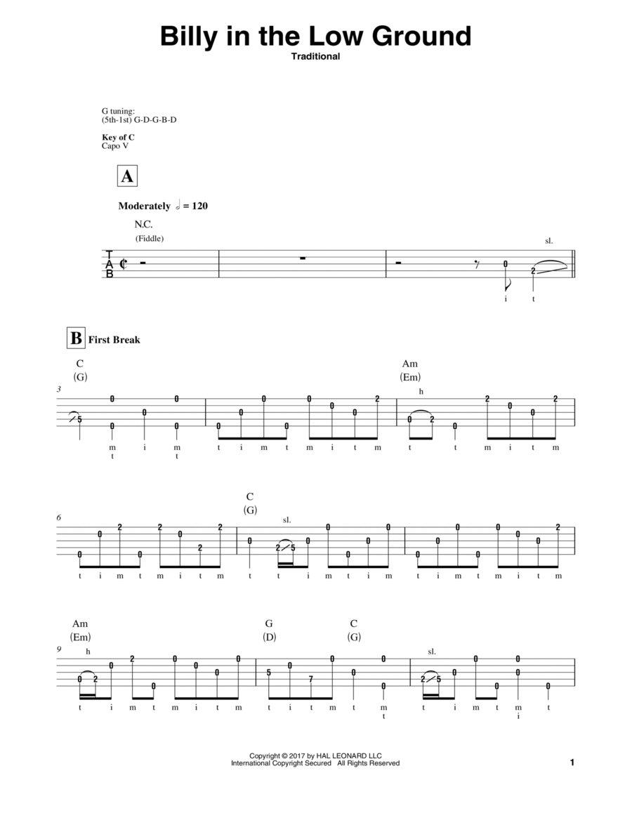 Billy In The Low Ground Banjo scores gallery preview page 1