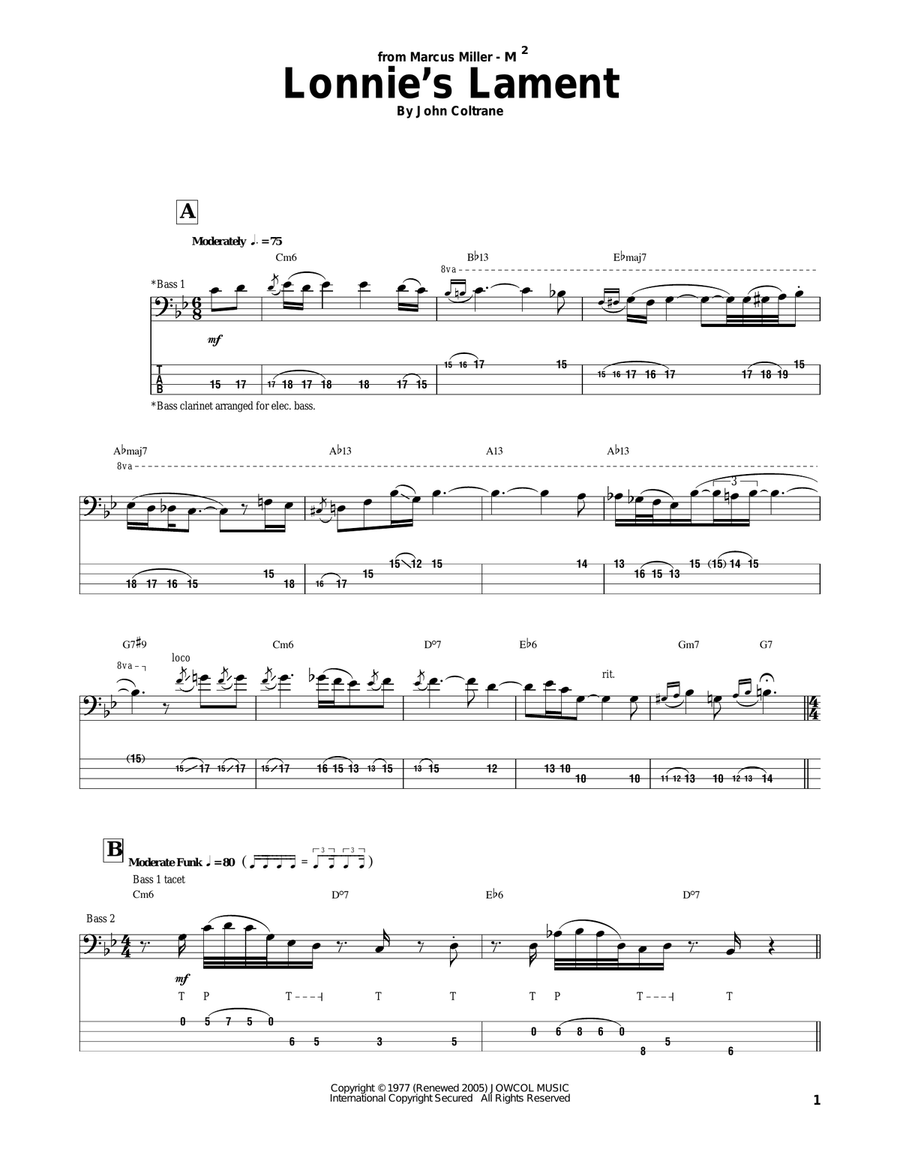 Lonnie's Lament Bass Guitar Tablature scores gallery preview page 1