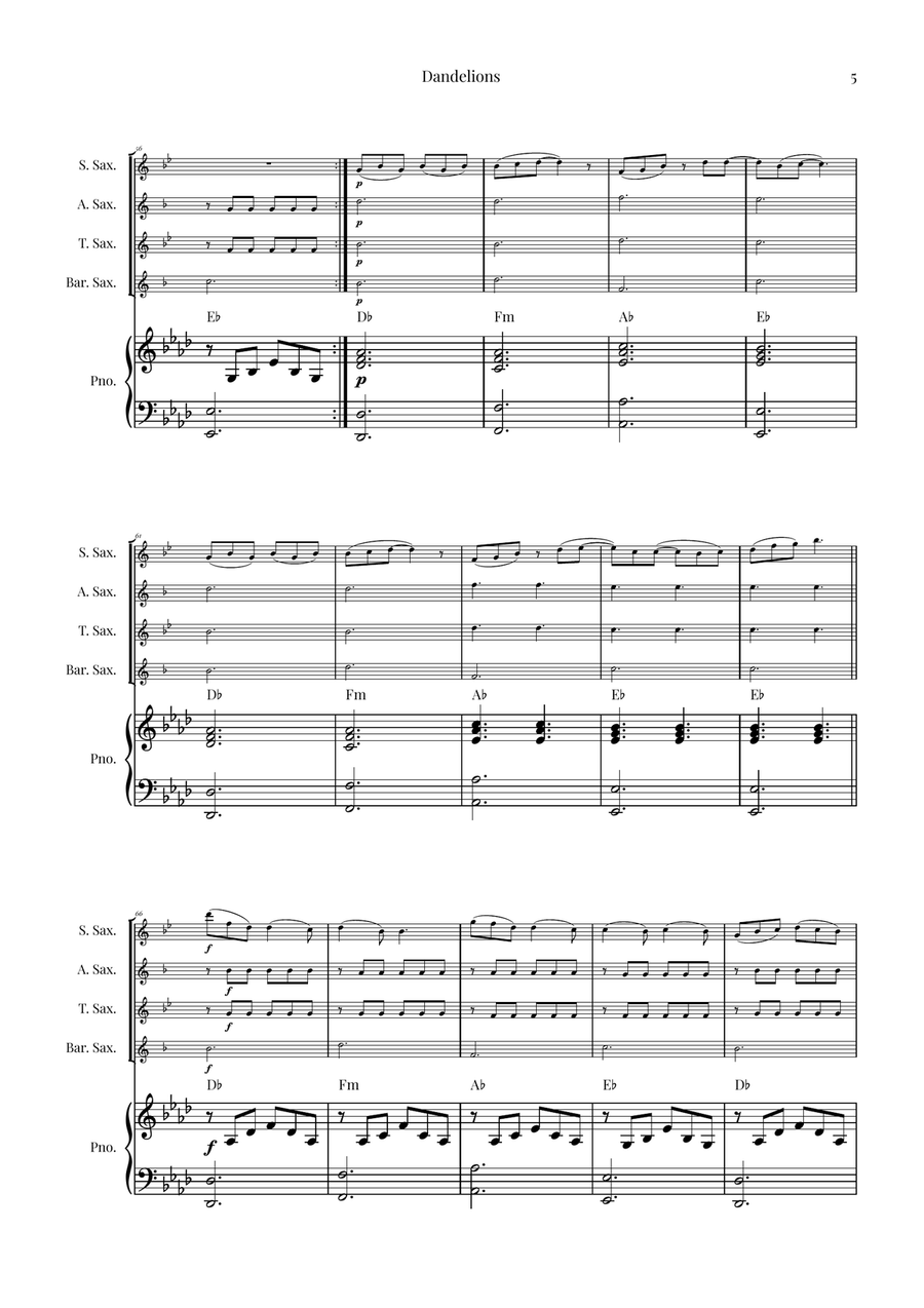 Dandelions Saxophone Quartet scores gallery preview page 5