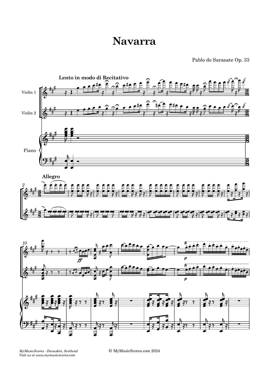 Sarasate Navarra Op. 33 for 2 Violins and Piano String Duet scores gallery preview page 2