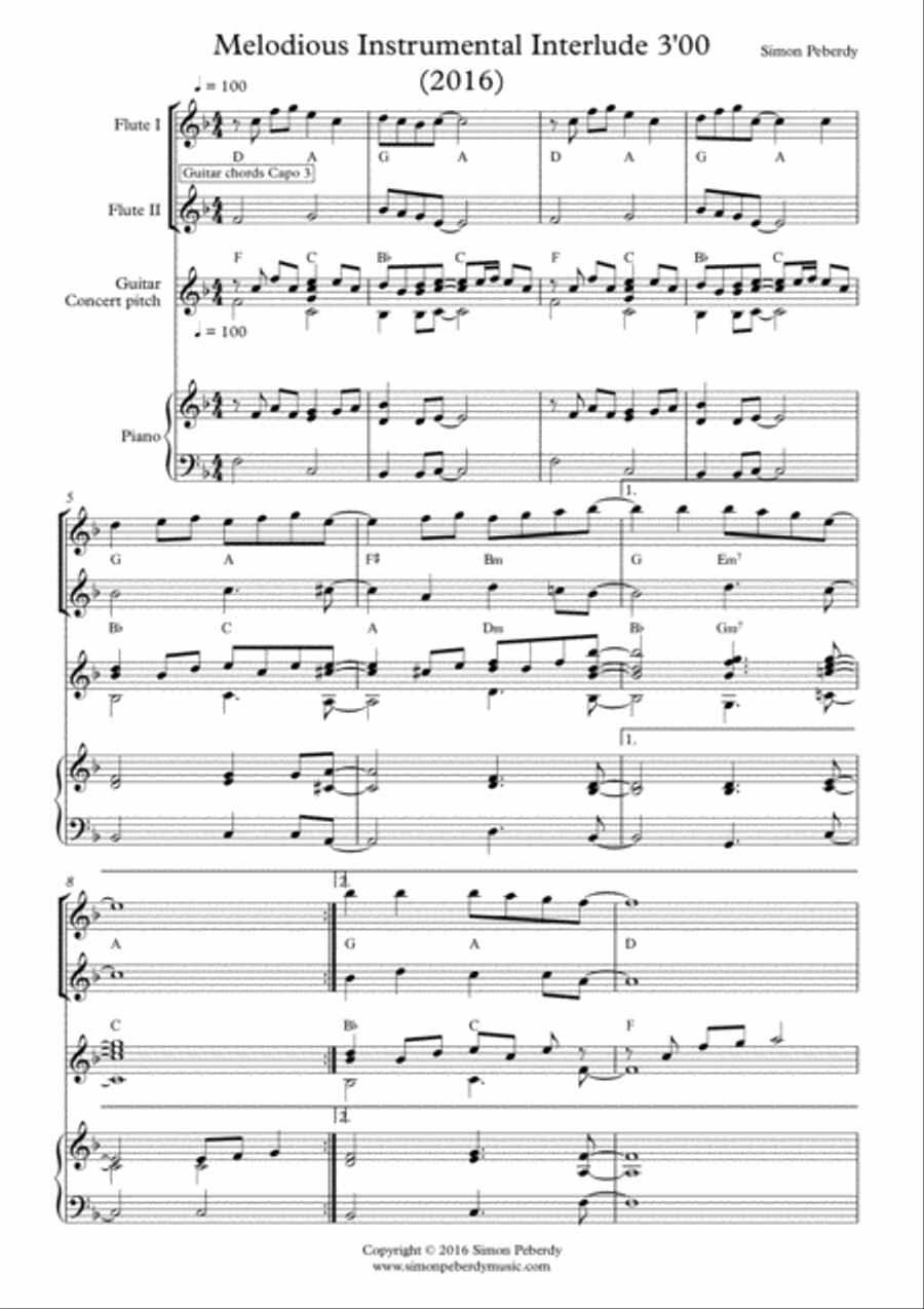 Melodious Instrumental Interlude 3'00 in F for 2 flutes, guitar and/or piano by Simon Peberdy Small Ensemble scores gallery preview page 2