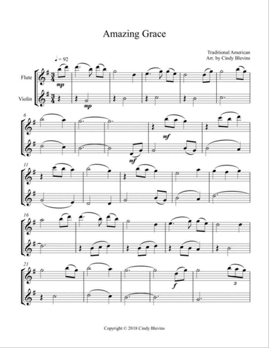 Amazing Grace, for Flute and Violin Flute scores gallery preview page 2