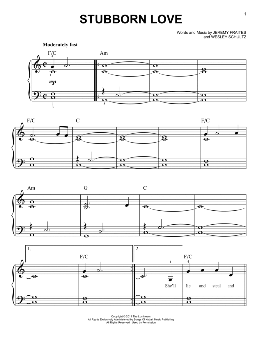 Stubborn Love Easy Piano scores gallery preview page 1