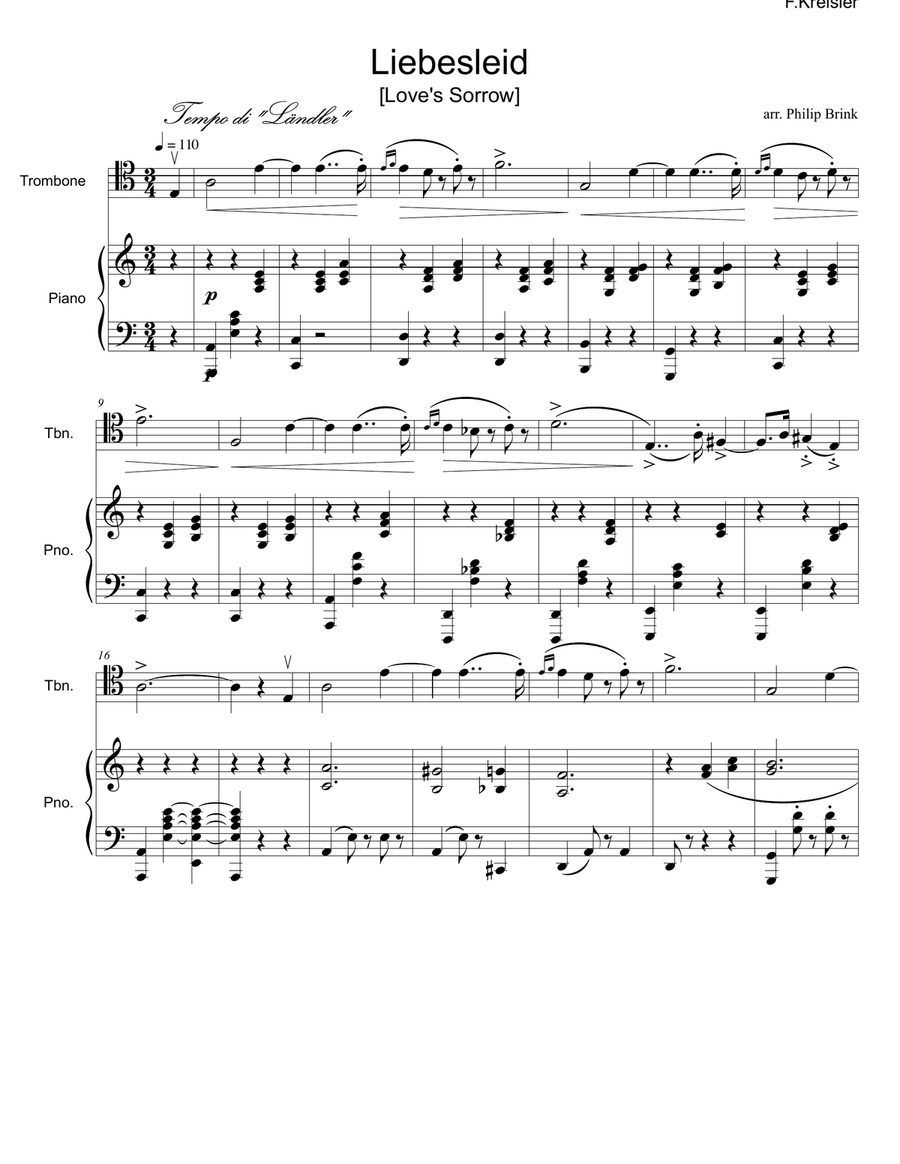 Liebesleid [Love's Sorrow] arranged for Tenor Trombone and piano Trombone Duet scores gallery preview page 4