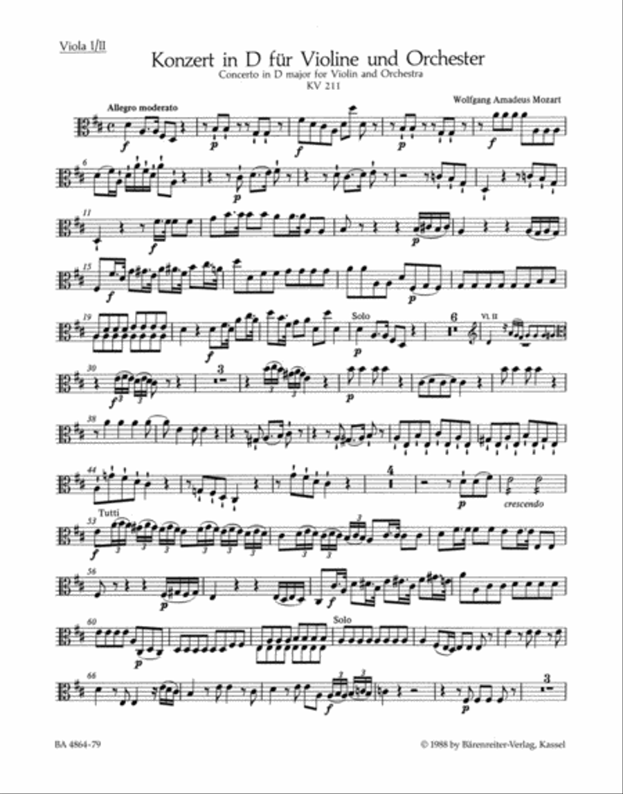 Concerto for Violin and Orchestra, No. 2 D major, KV 211 by Wolfgang Amadeus Mozart Violin Solo - Sheet Music