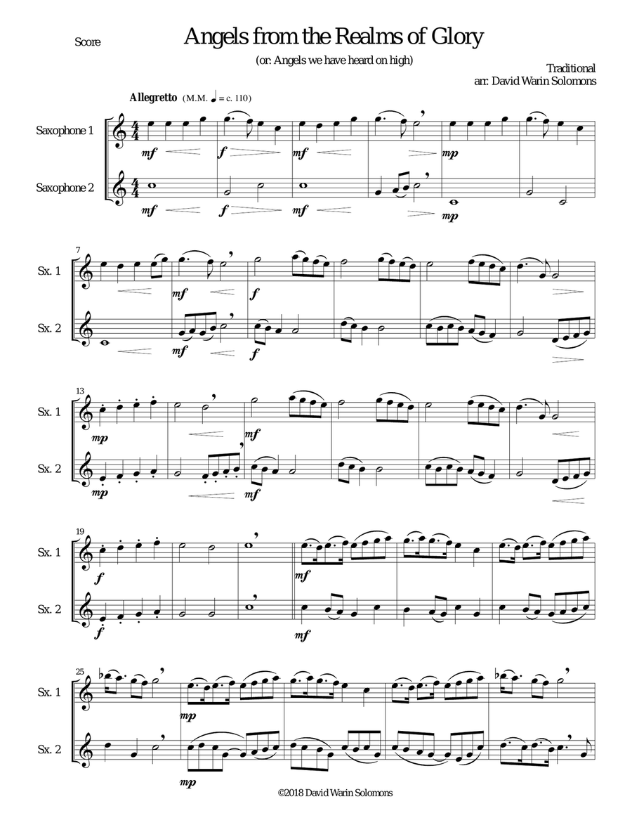 Variations on Angels from the realms of glory (or Angels we have heard on high) for saxophone duo Woodwind Quartet scores gallery preview page 1