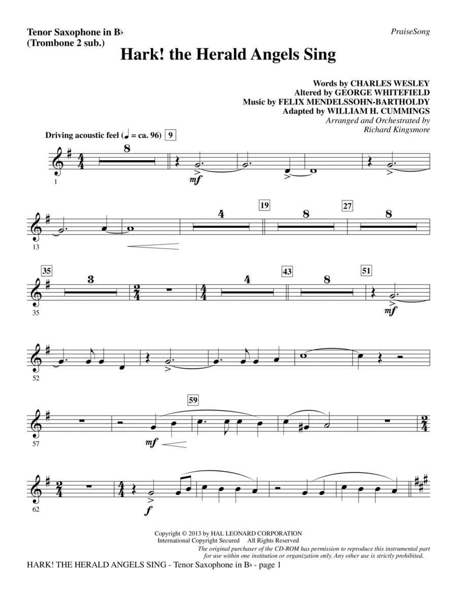 Hark! The Herald Angels Sing - Tenor Sax (sub. Tbn 2) Choir scores gallery preview page 1