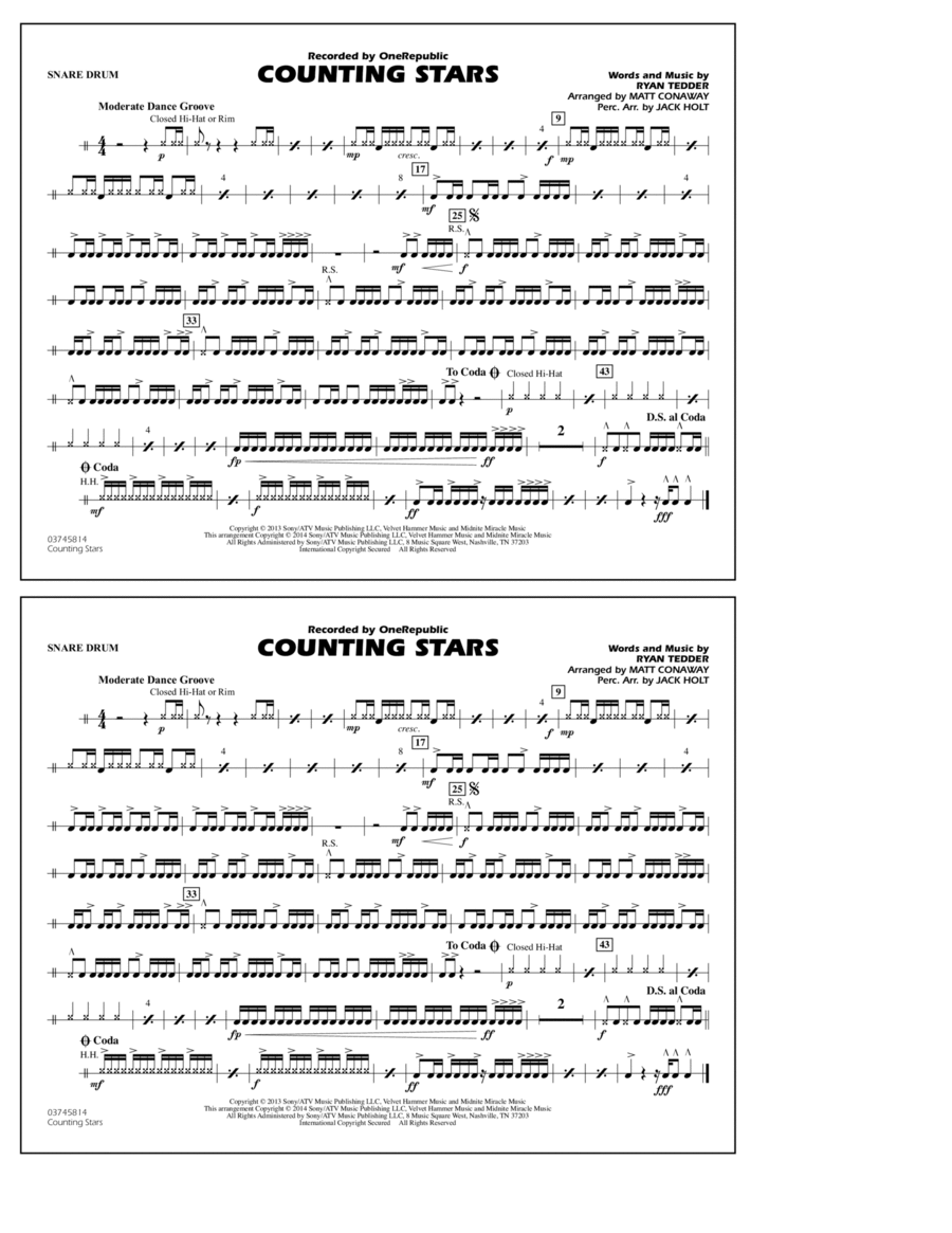 Counting Stars - Snare Drum Marching Band scores gallery preview page 1