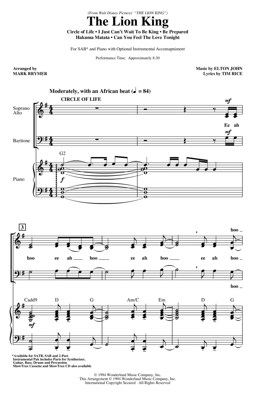 The Lion King (Medley) (arr. Mark Brymer) 3-Part scores gallery preview page 1