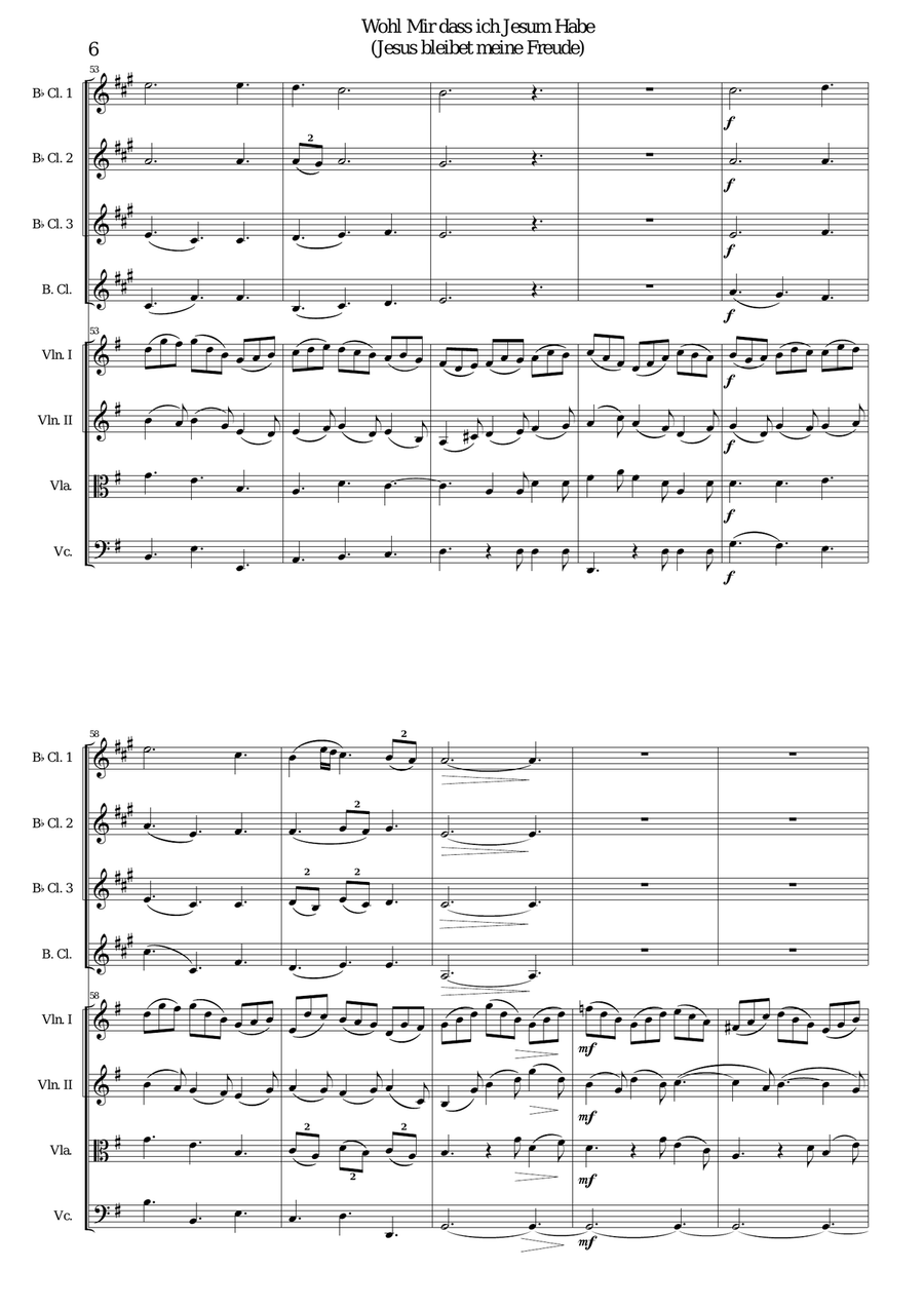 Wohl mir dass ich Jesum habe (Jesu joy of man's desiring) for clarinet quartet and strings Small Ensemble scores gallery preview page 6