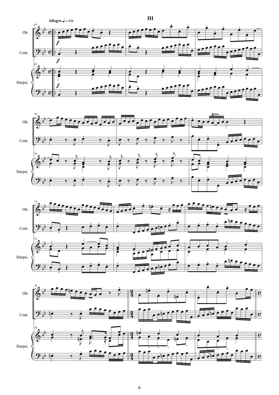 Handel - Oboe Sonata in B flat HWV 357 for Oboe, Continuo and Harpsichord or Piano Small Ensemble scores gallery preview page 6