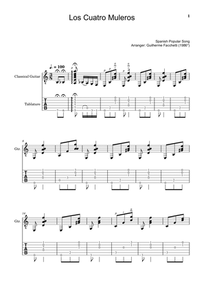 Spanish Popular Song - Los Cuatro Muleros. Arrangement for Classical Guitar. Score and Tablature.