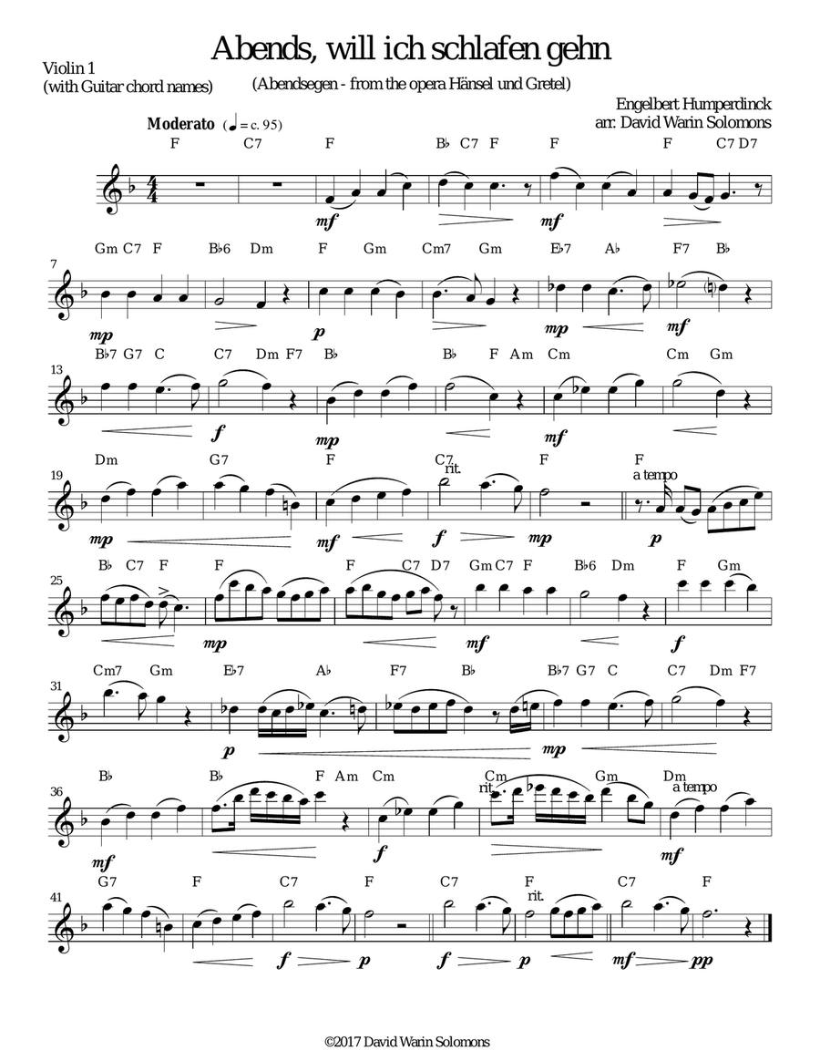 Abendsegen (Abends will ich schlafen gehn) for 2 violins and guitar String Duet scores gallery preview page 5