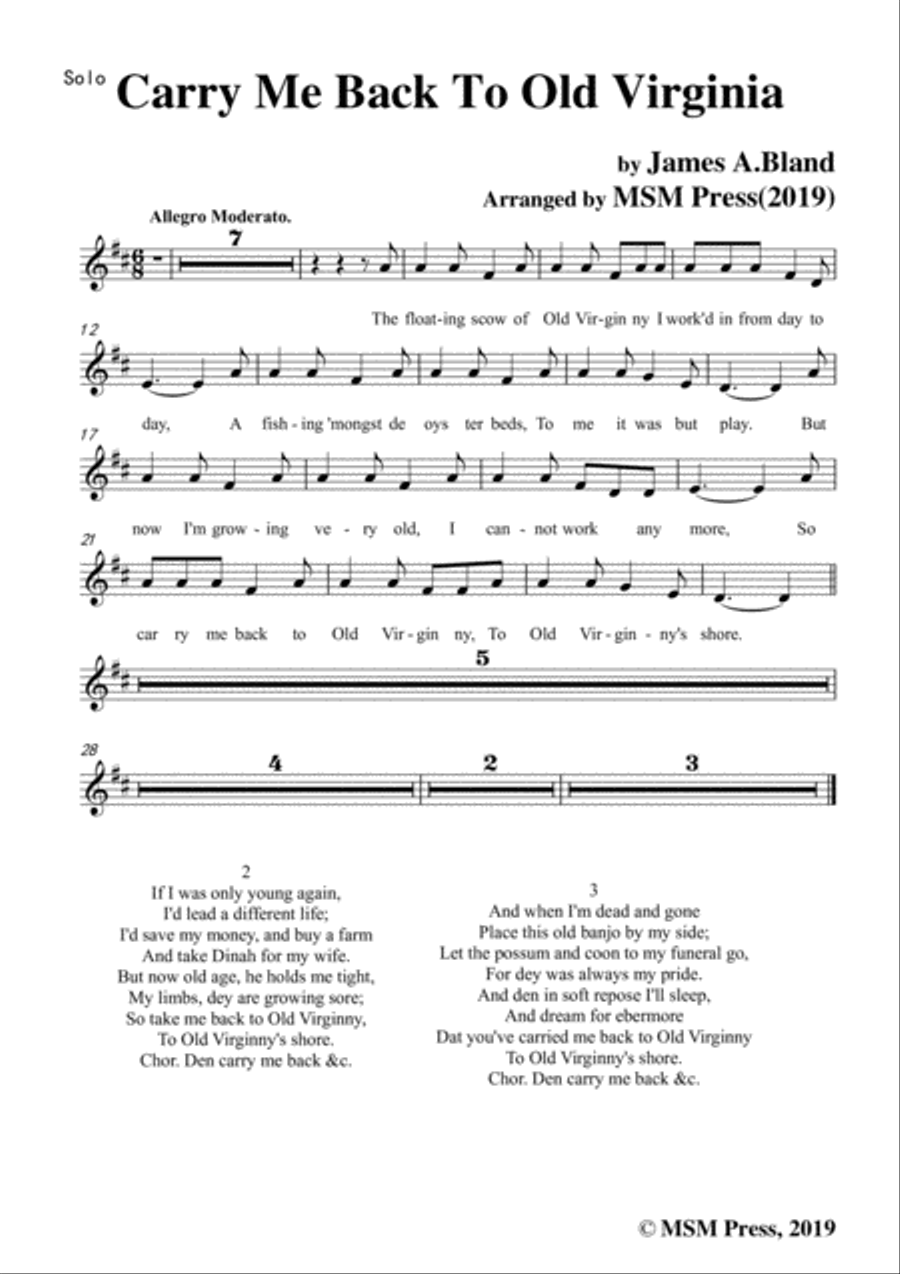 James A. Bland-Carry Me Back To Old Virginny,in D Major,for Voice &Pno Voice scores gallery preview page 6