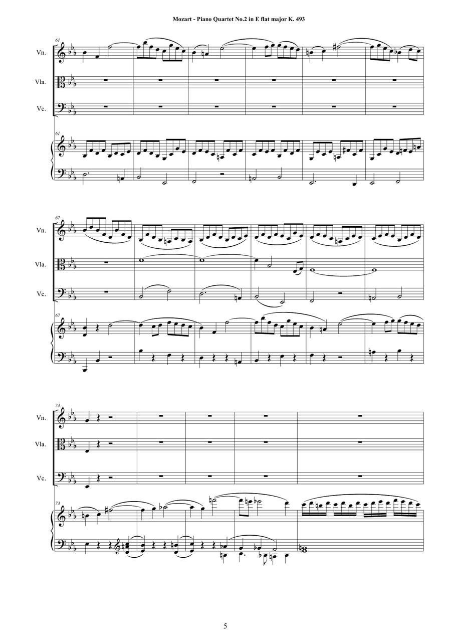 Mozart - Piano Quartet No.2 in E flat K 493 for Violin,Viola, Cello and Piano - Score and Parts image number null