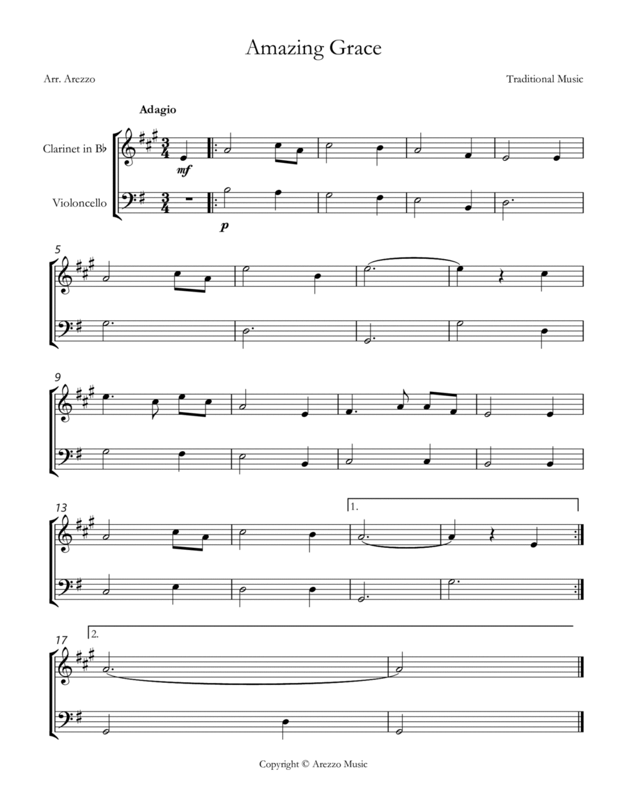 Jonh Newton Amazing Grace Easy Clarinet and Cello Sheet Music G major image number null