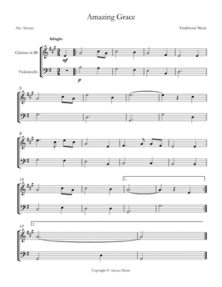 Jonh Newton Amazing Grace Easy Clarinet and Cello Sheet Music G major