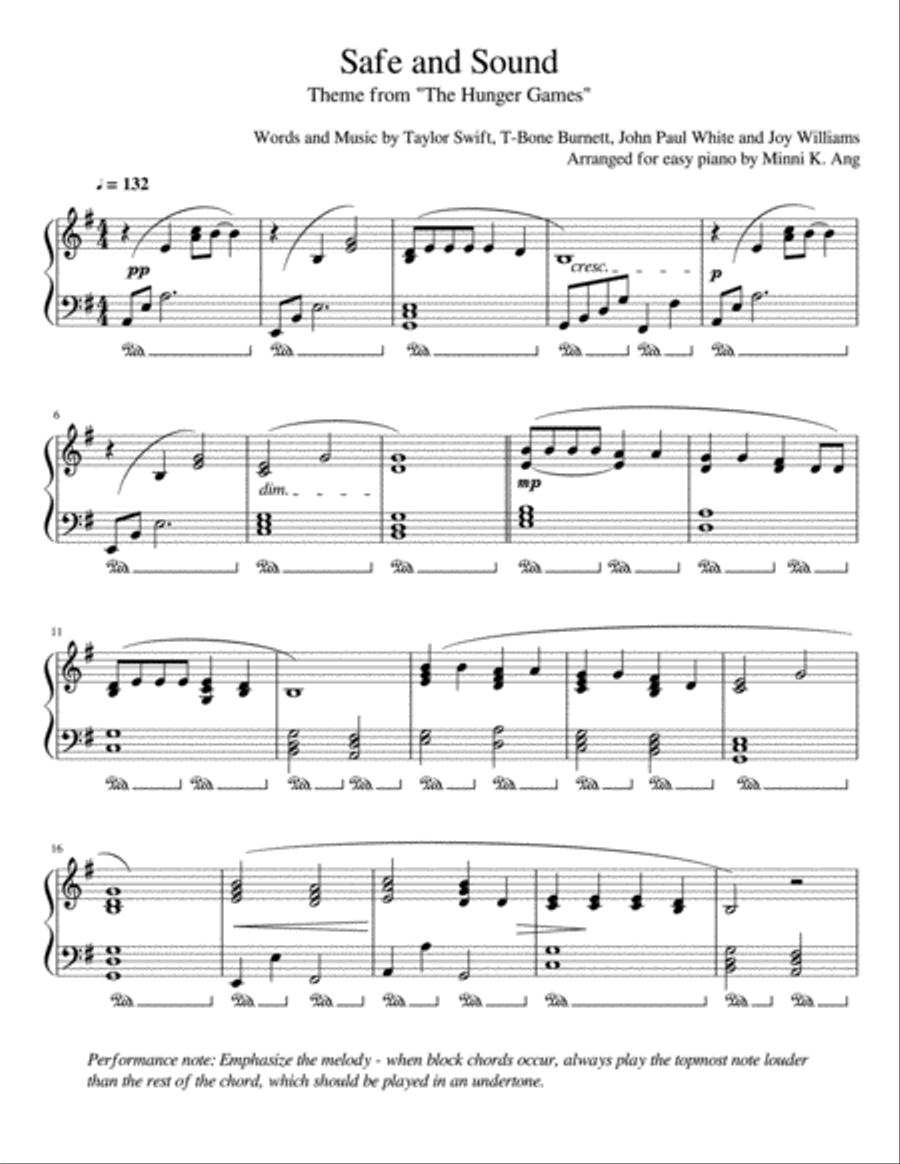 Safe And Sound Easy Piano scores gallery preview page 1