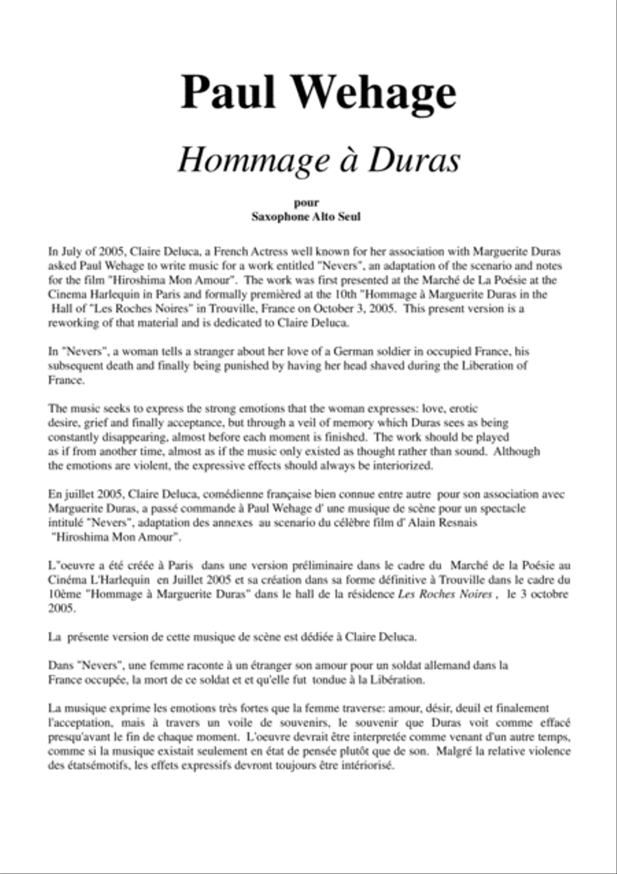 Paul Wehage: Hommage à Duras for alto saxophone Alto Saxophone scores gallery preview page 1