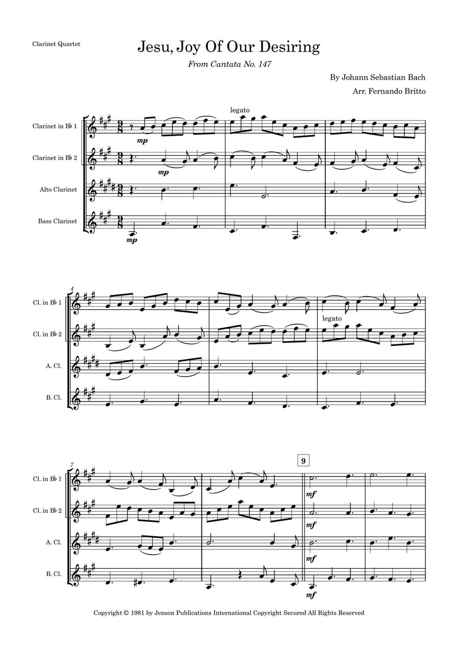 Jesu, Joy of Man's Desiring (J. S. Bach) for Clarinet Quartet
