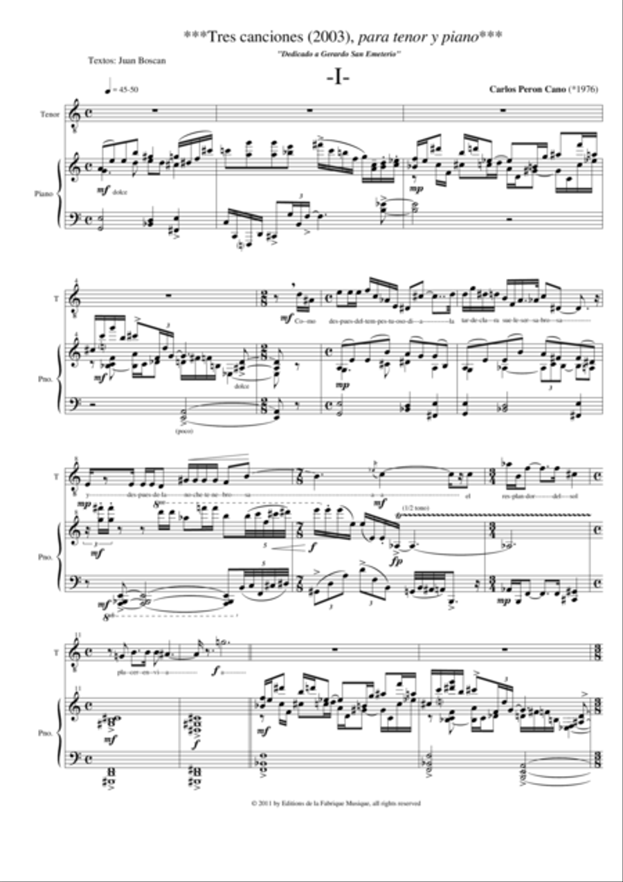 Carlos Perón Cano:: Tres canciones for tenor and piano Tenor Voice scores gallery preview page 2