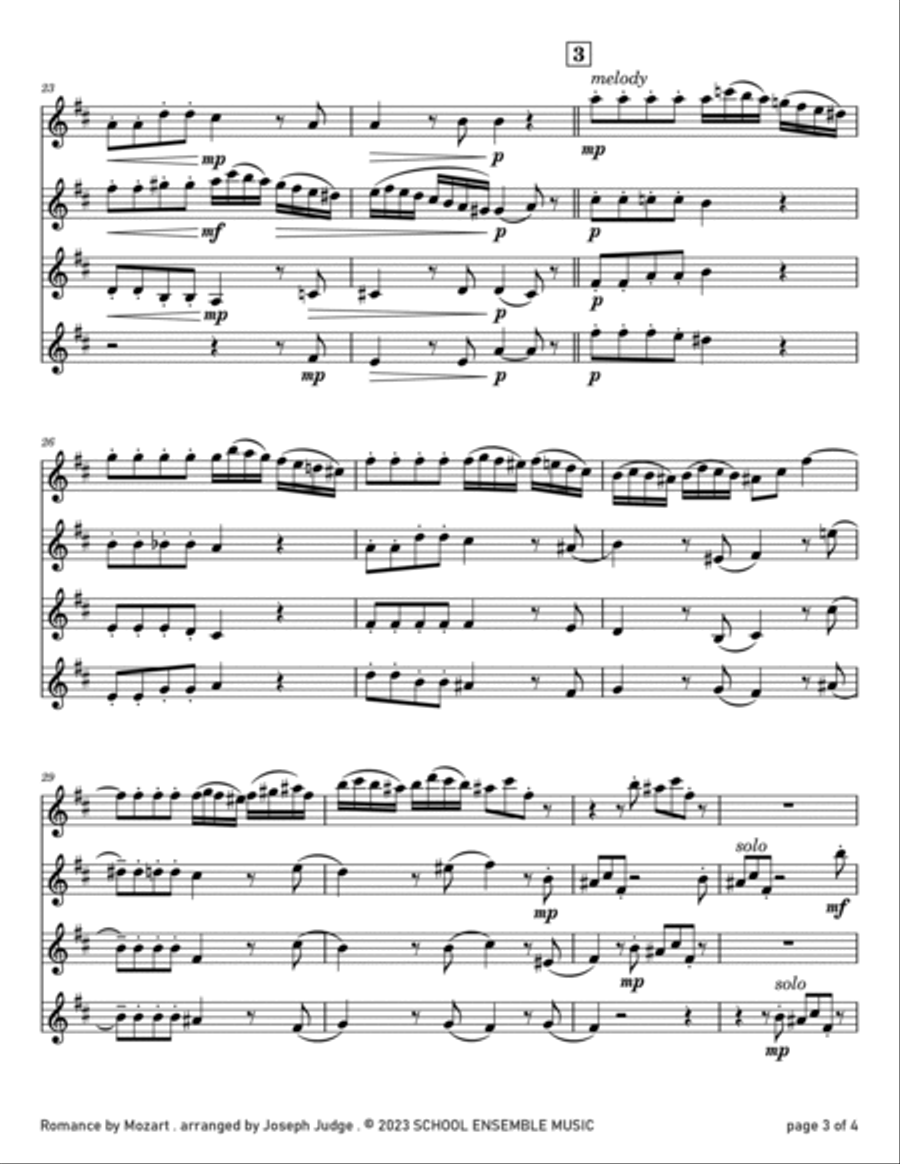 Romance by Mozart for Clarinet Quartet in Schools Clarinet Quartet scores gallery preview page 3