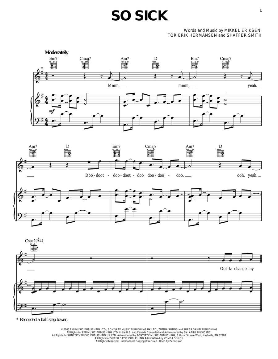 So Sick Piano, Vocal, Guitar scores gallery preview page 1