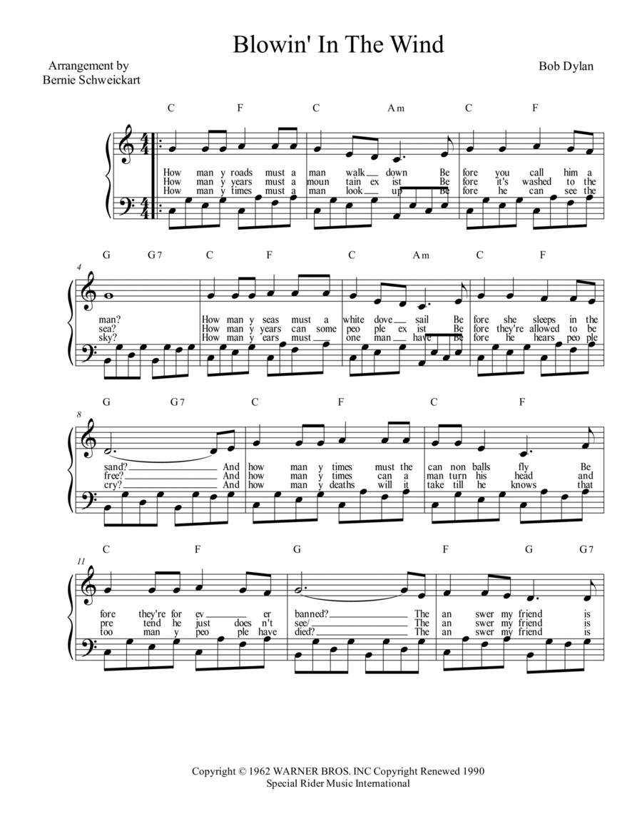 Blowin' In The Wind Blowin' In The Wind Piano, Vocal, Guitar scores gallery preview page 1