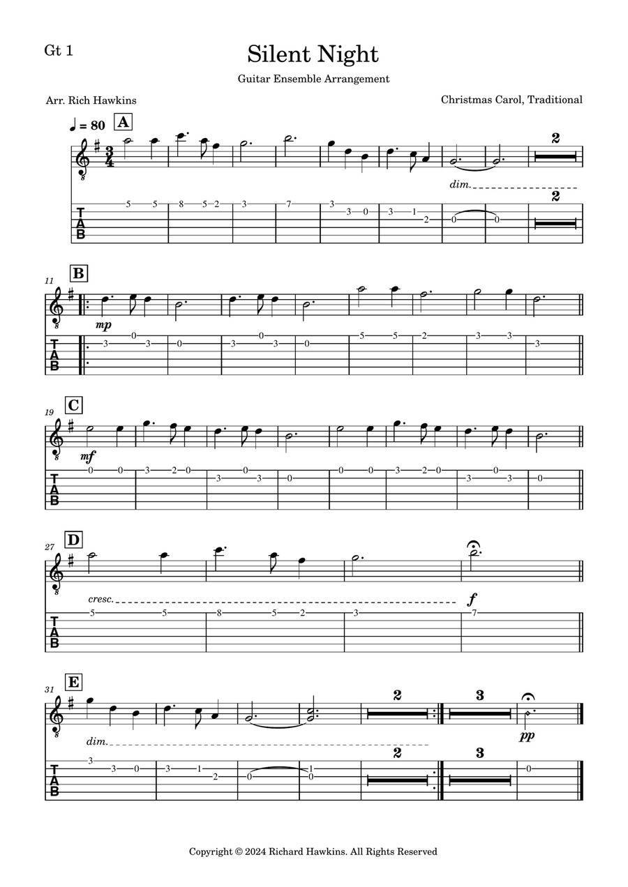 Silent Night Guitar Ensemble scores gallery preview page 4
