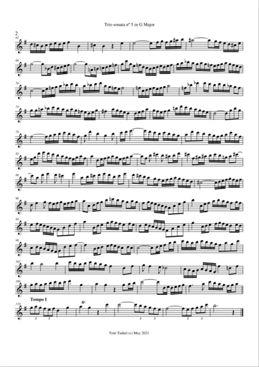 Trio sonata nº5 in G Major for flute, violin & cello or 2 violins & cello and basso continuo (PARTS Small Ensemble scores gallery preview page 2