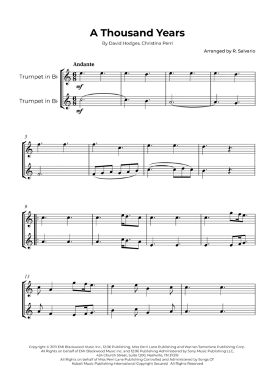 A Thousand Years Trumpet Duet scores gallery preview page 2