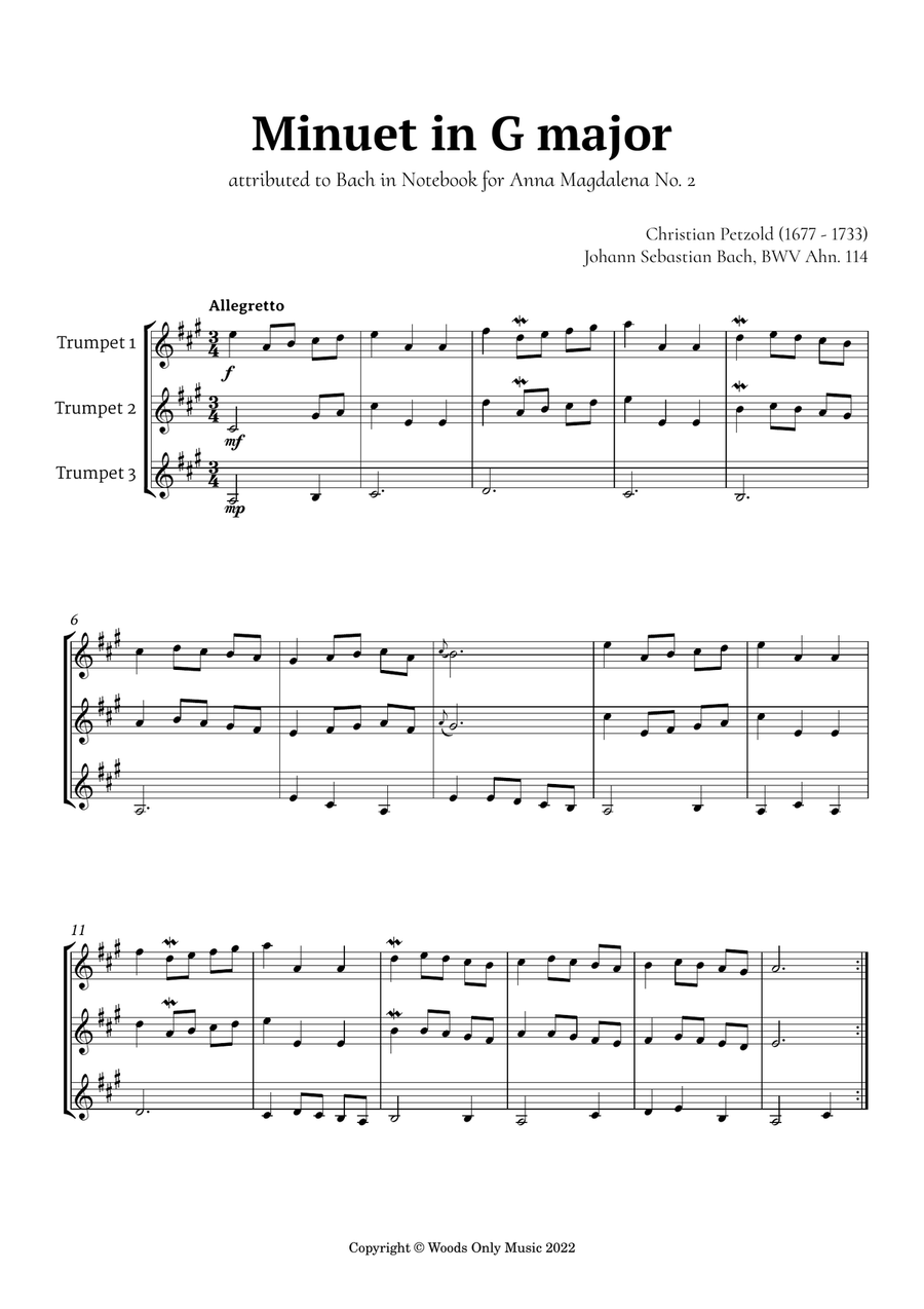 Minuet in G major by Bach for Trumpet Trio Trumpet Trio scores gallery preview page 2