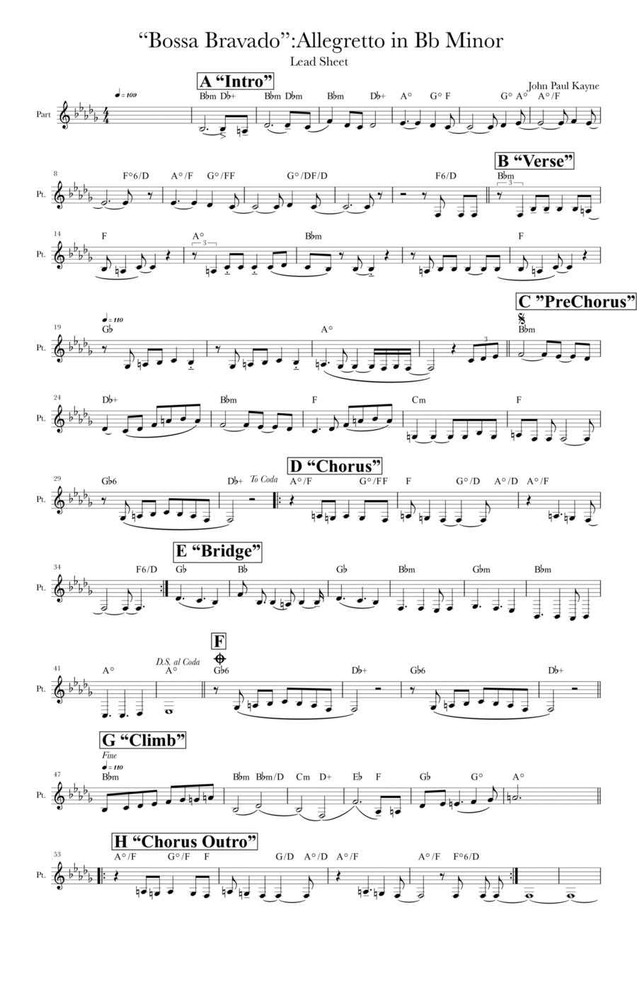 Bossa Bravado; Allegretto in Bb Minor; Lead Sheet Piano scores gallery preview page 1