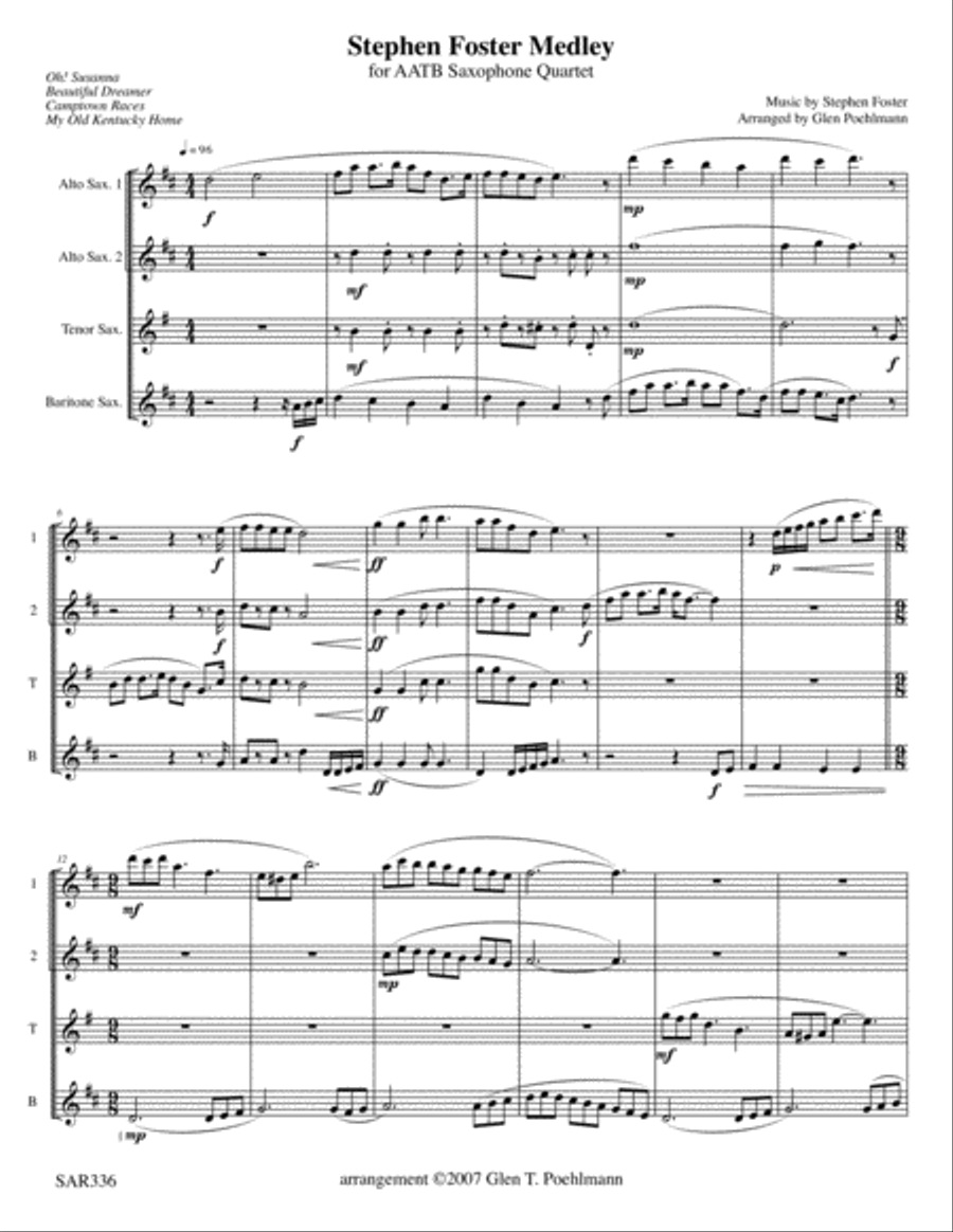 STEPHEN FOSTER MEDLEY for AATB SAXOPHONE QUARTET (unaccompanied) Saxophone Quartet scores gallery preview page 1