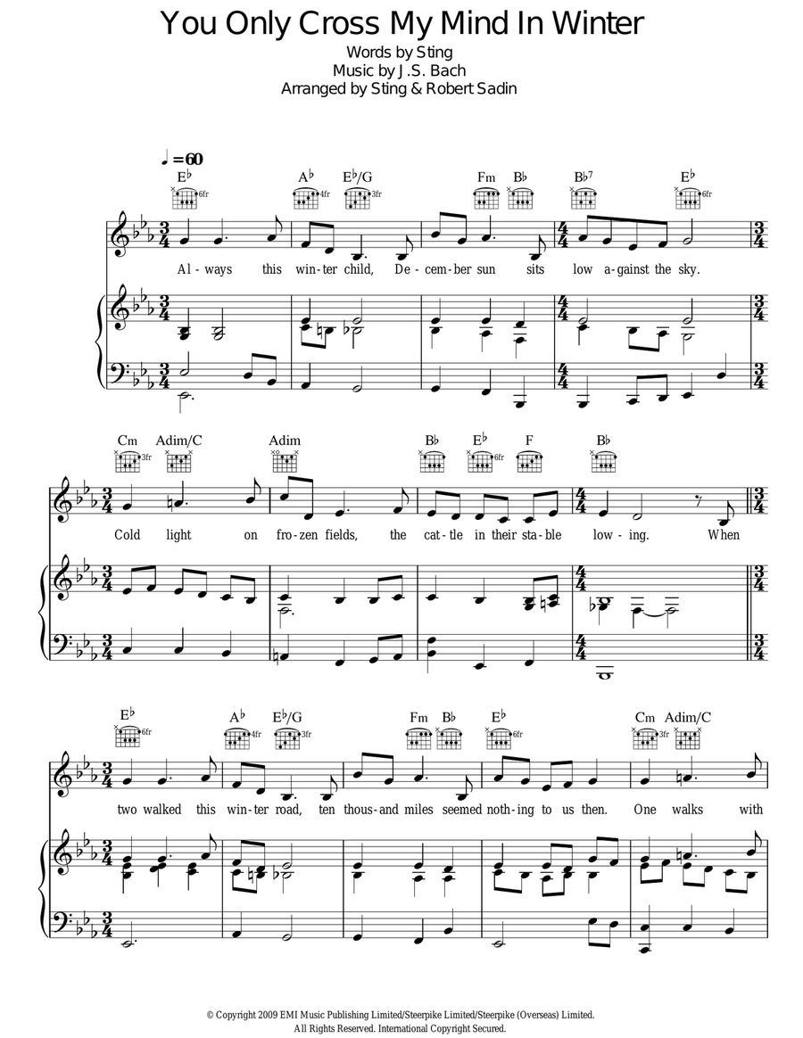 You Only Cross My Mind In Winter Piano, Vocal, Guitar scores gallery preview page 1