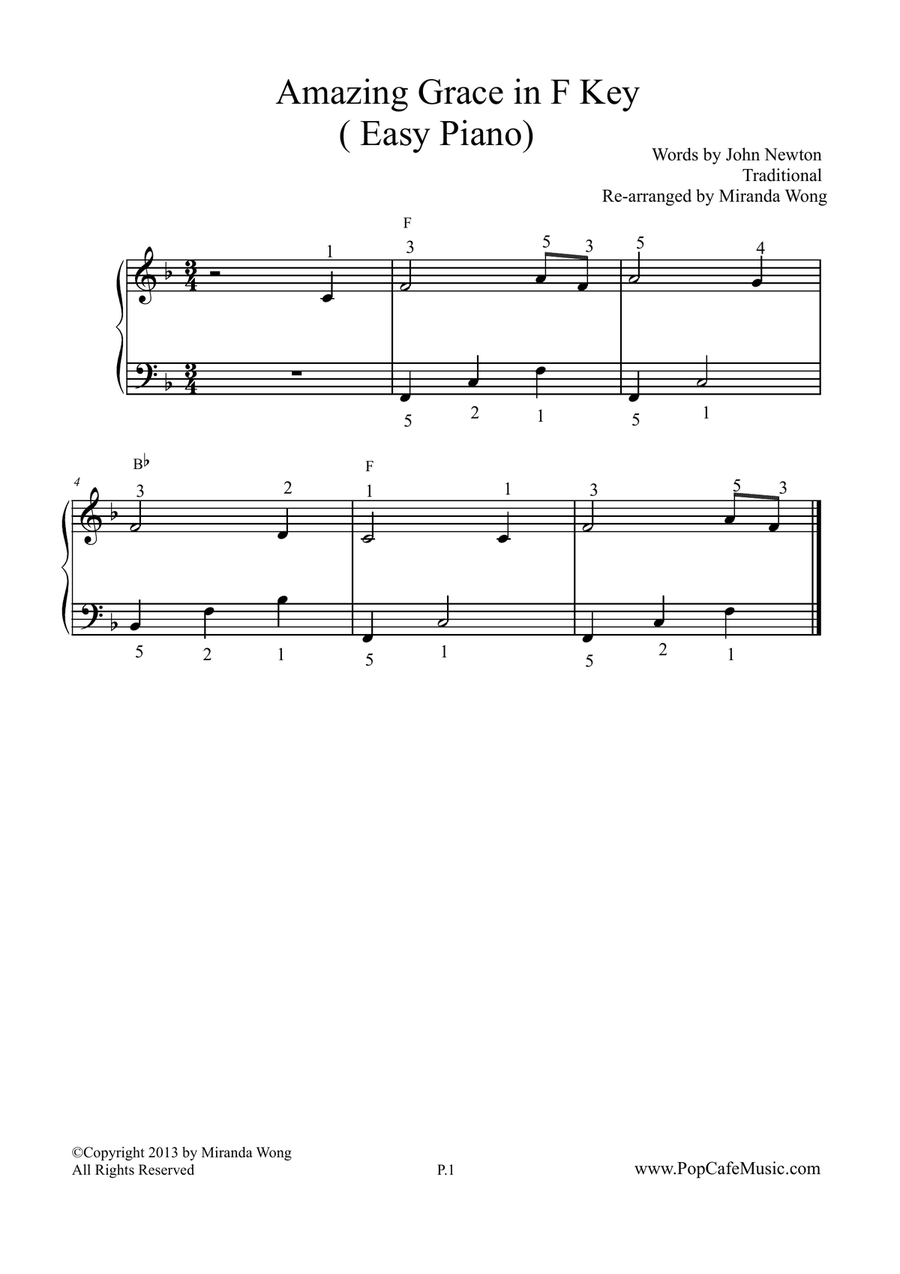 Amazing Grace in F Key - Easy Piano image number null