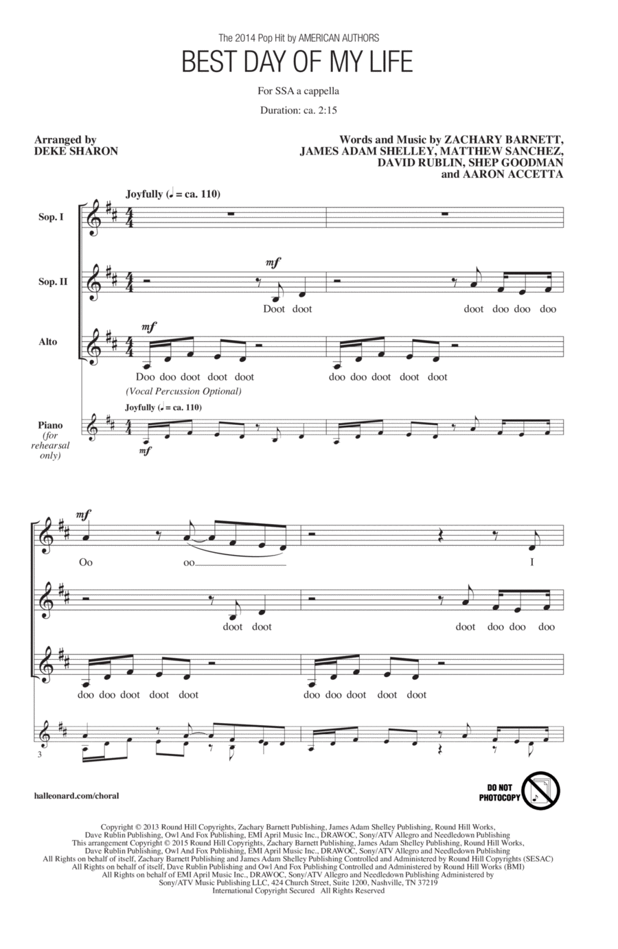 Best Day Of My Life (arr. Deke Sharon) by American Authors SSA - Digital Sheet Music