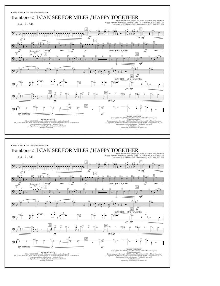 I Can See for Miles/Happy Together - Trombone 2 Marching Band scores gallery preview page 1
