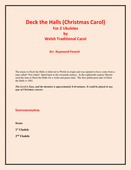 Deck the Halls - Welsh Traditional - Chamber music - String - 2 Ukuleles Easy level image number null