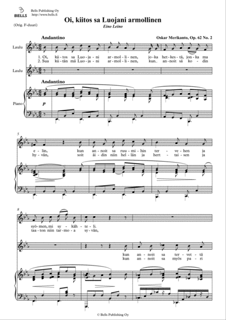 Oi, kiitos sa Luojani armollinen, Op. 62 No. 2 (E-flat Major) SA scores gallery preview page 1