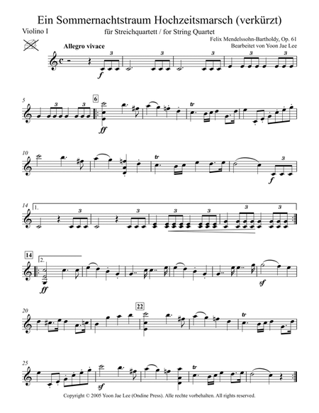 A Midsummer Night's Dream Wedding March (abridged) for String Quartet, Op. 61 - Set of Parts