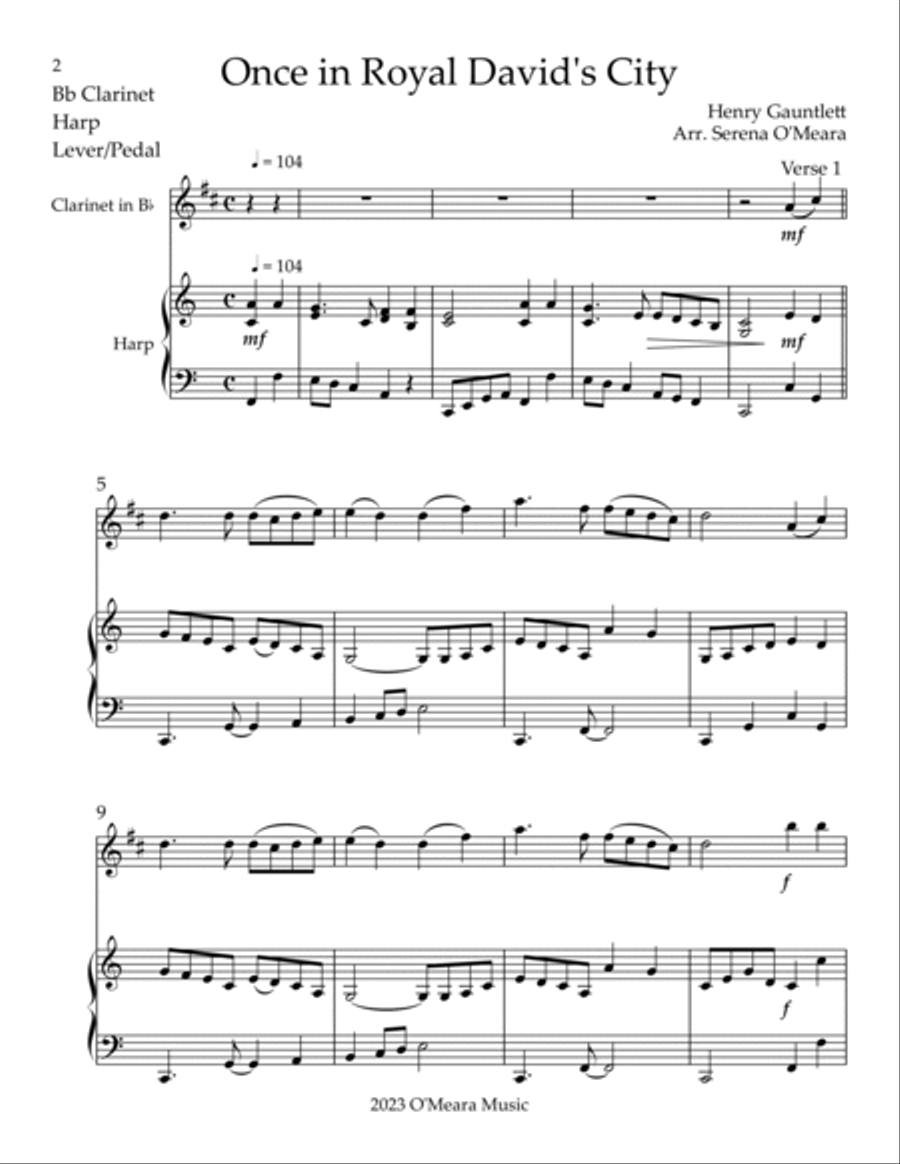 Once in Royal David’s City, Duet for Bb Clarinet & Harp B-Flat Clarinet scores gallery preview page 2