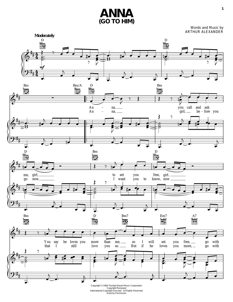 Anna (Go To Him) Piano, Vocal, Guitar scores gallery preview page 1