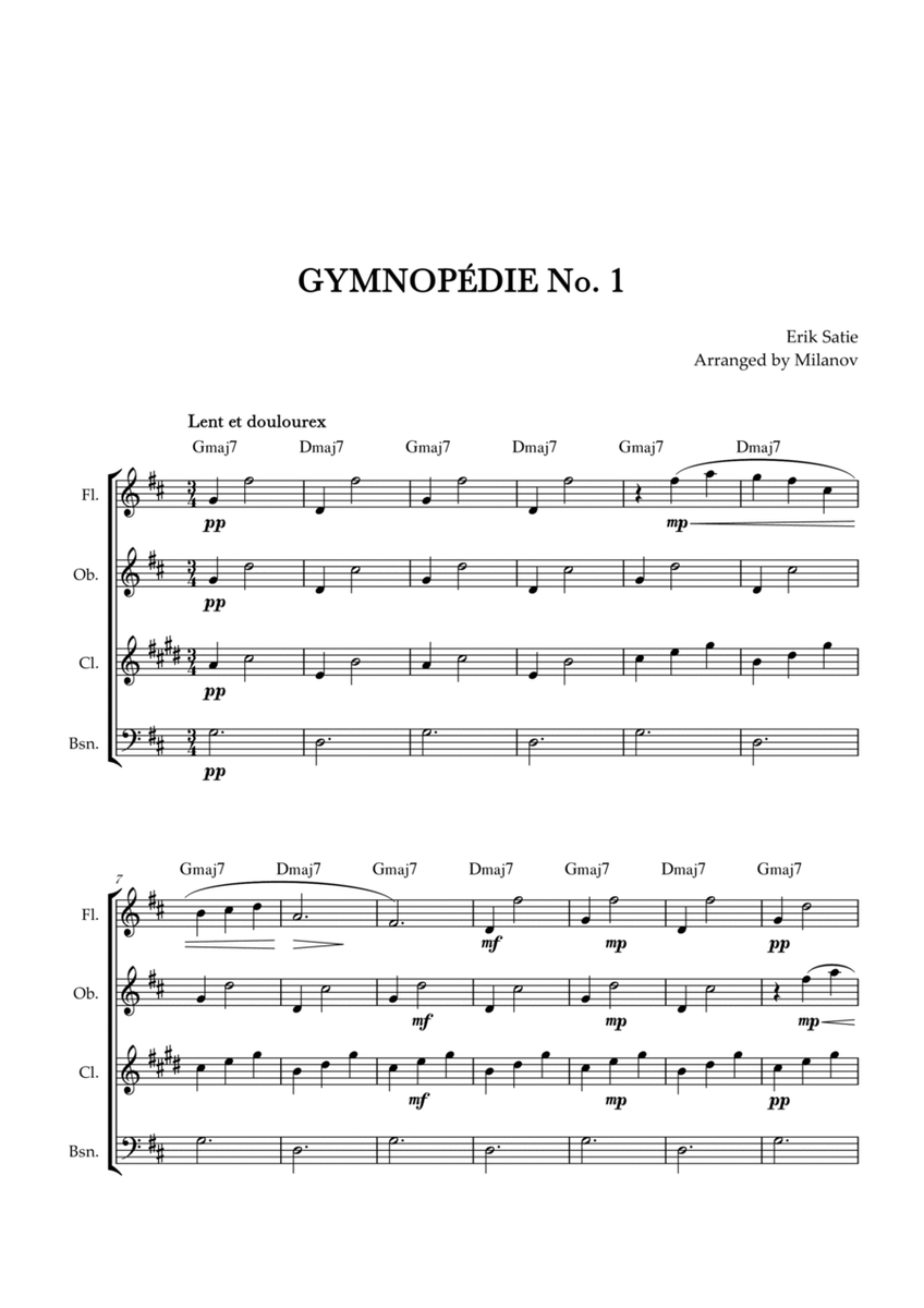 Gymnopédie no 1 | Woodwind Quartet | Original Key | Chords | Easy intermediate image number null