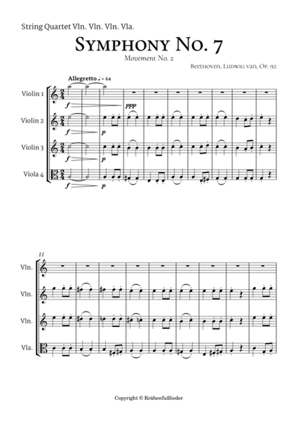 Beethoven Symphony 7 Movement 2 Allegretto for String Quartet 3 Violins and Viola image number null