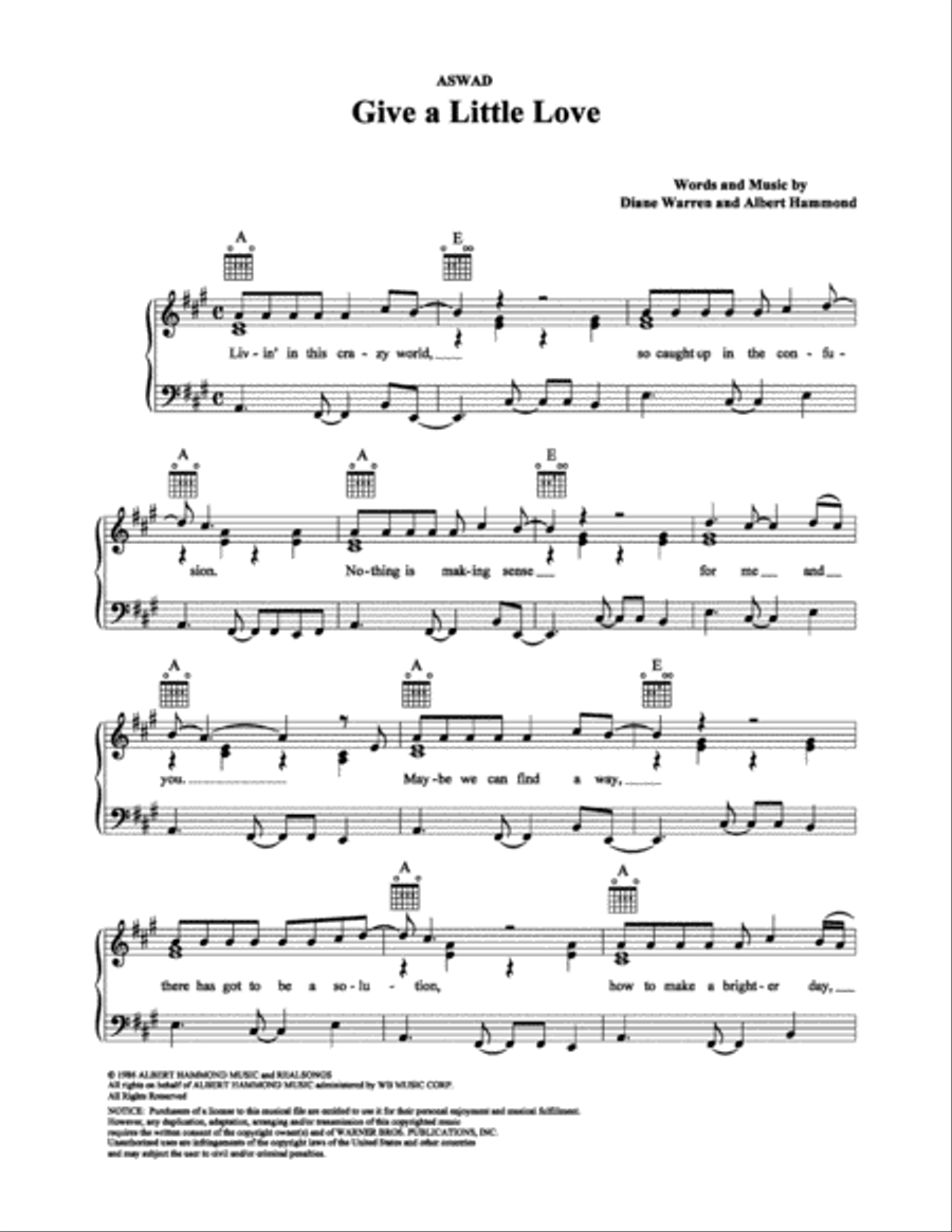 Give A Little Love Piano, Vocal, Guitar scores gallery preview page 1