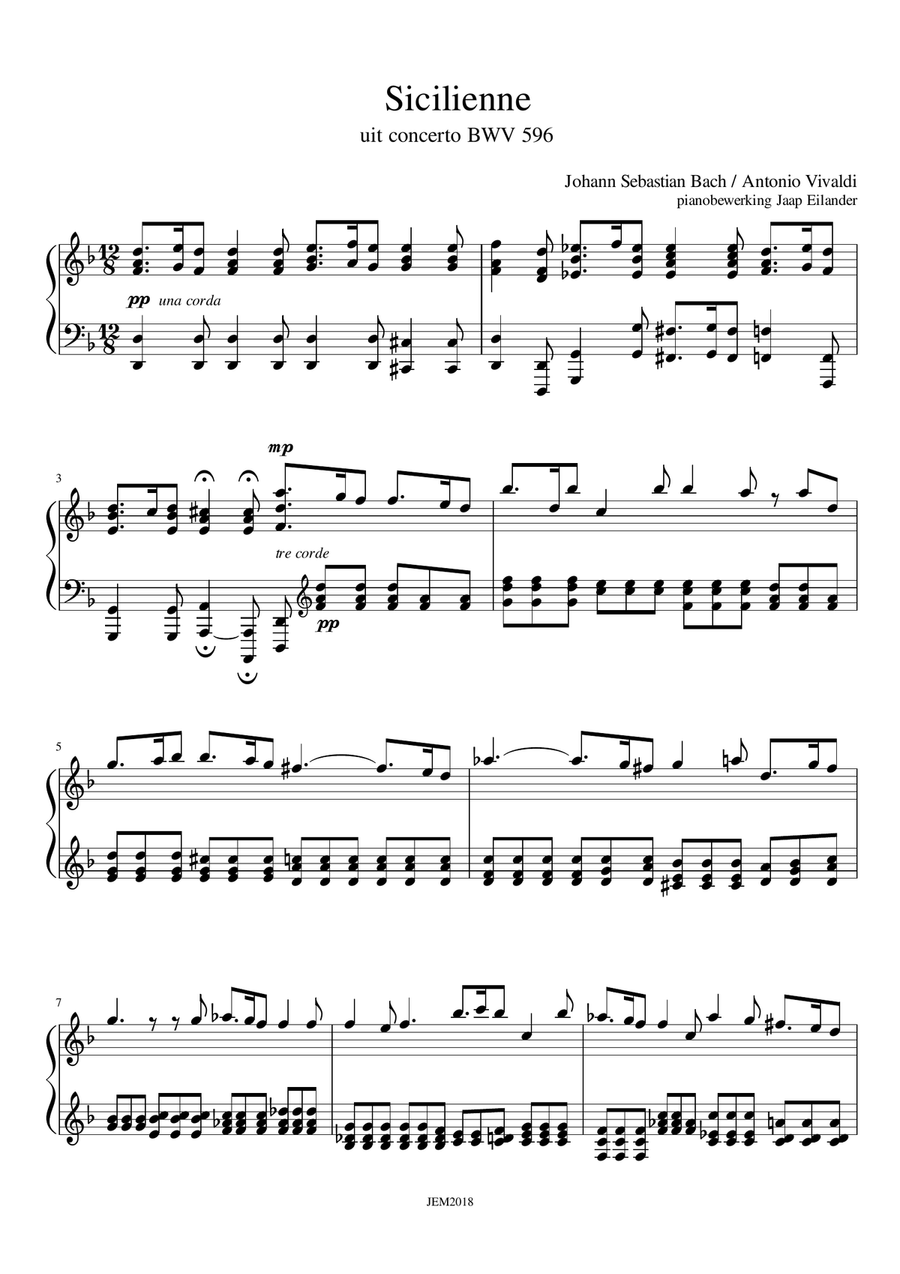 J. S. Bach, Sicilienne BWV 596, arrangment / transcription for piano by Jaap Eilander Piano Solo scores gallery preview page 1
