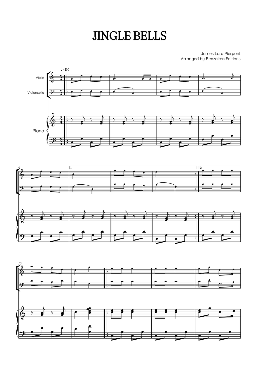 Jingle Bells • Christmas Song | violin & violoncello duet sheet music w/ piano accompaniment Piano Trio scores gallery preview page 1